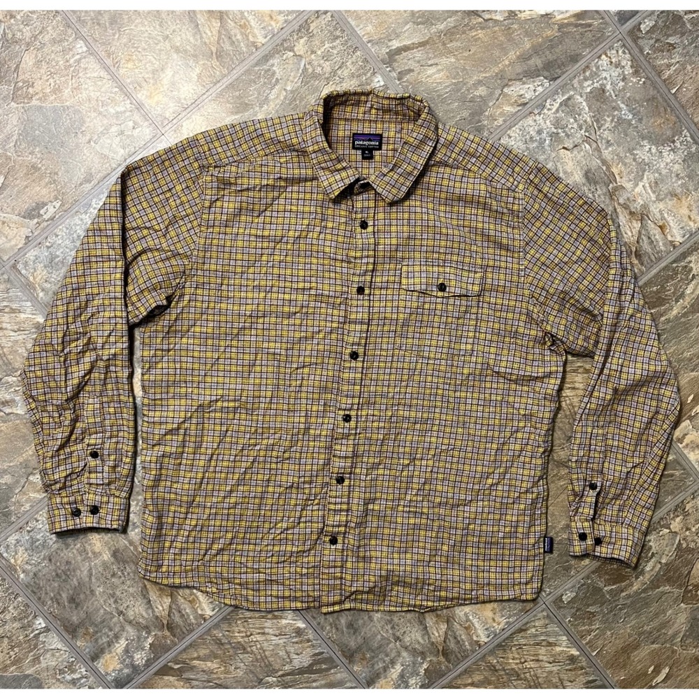 Patagonia Button Down Shirt Mens XL Yellow Plaid Organic Cotton Long Sleeve